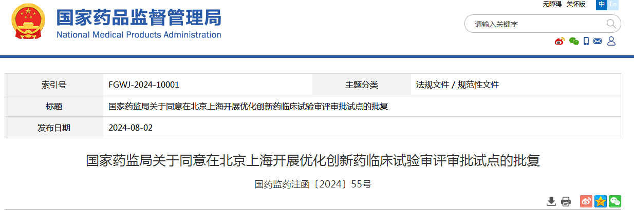 国家药监局关于同意在北京上海开展优化创新药临床试验审评审批试点的批复