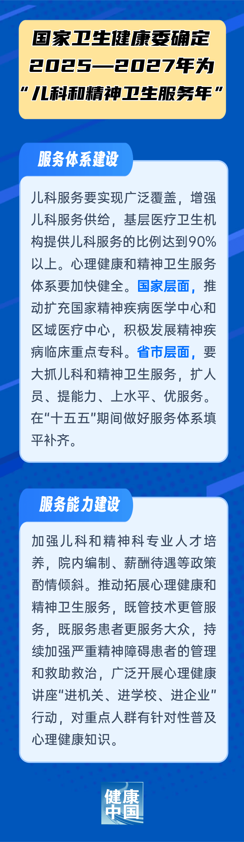 国家卫生健康委确定2025—2027年为“儿科和精神卫生服务年”